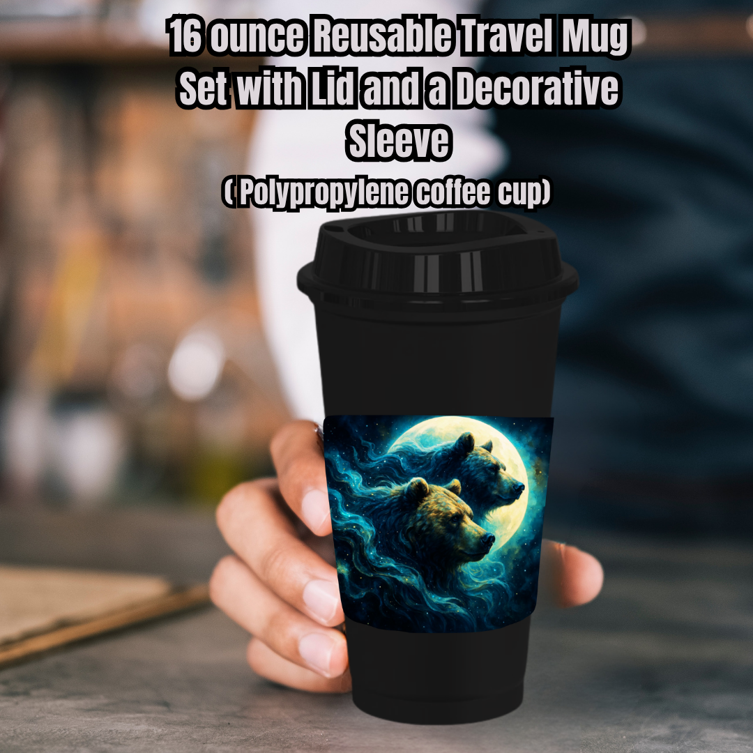 Moonlit Bear Pair 16oz Reusable Travel Mug Set (White or Black) — Cup, Lid + Decorative Sleeve