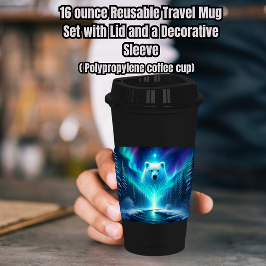 Aurora Polar Spirit 16oz Reusable Travel Mug Set (White or Black) — Cup, Lid + Decorative Sleeve