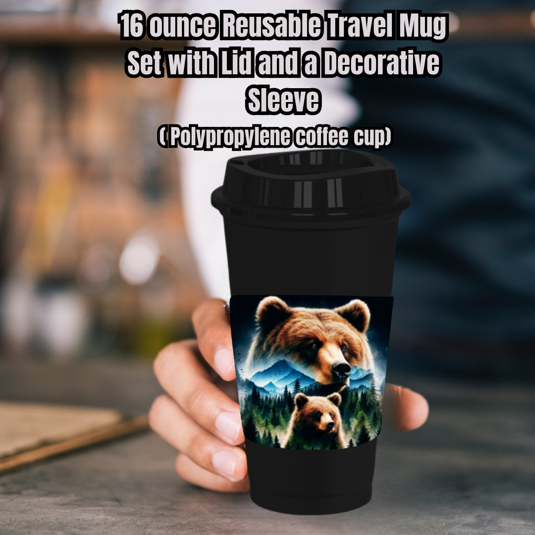 Mountain Bear Duo 16oz Reusable Travel Mug Set (White or Black) — Cup, Lid + Decorative Sleeve