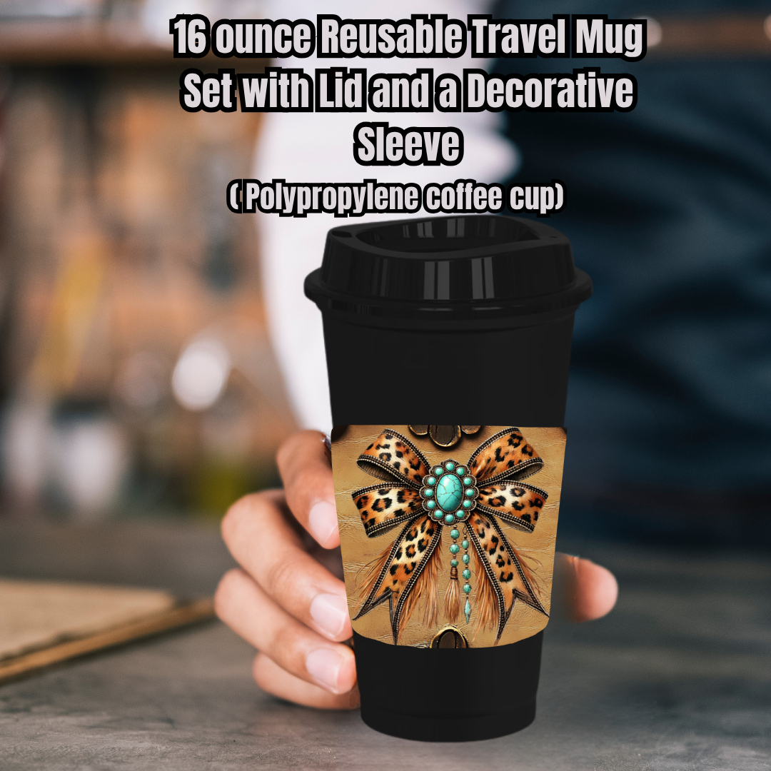 Western Bow Collection – 16oz Reusable Travel Mug Set (White or Black) — Cup, Lid + Decorative Sleeve