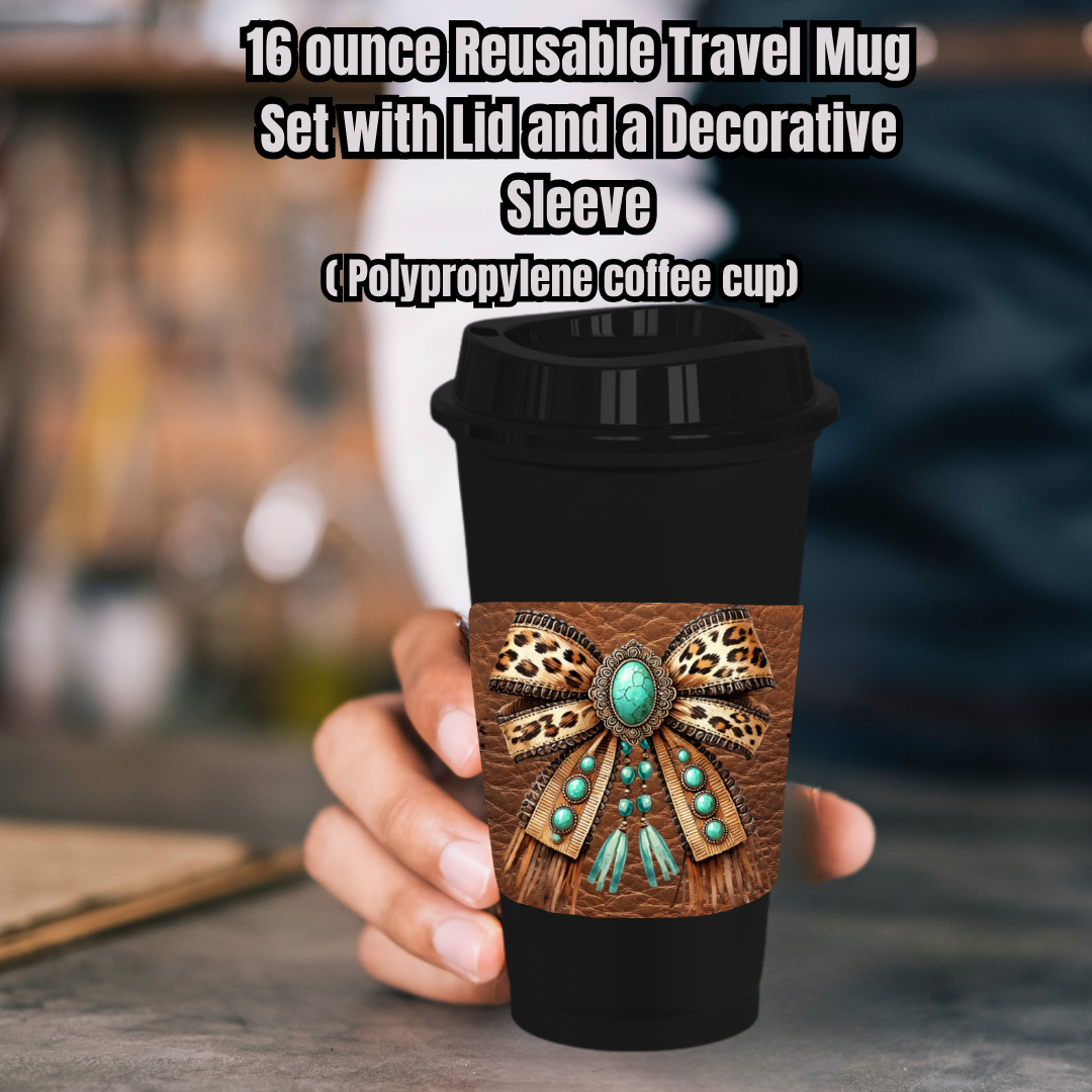 Western Bow Collection – 16oz Reusable Travel Mug Set (White or Black) — Cup, Lid + Decorative Sleeve