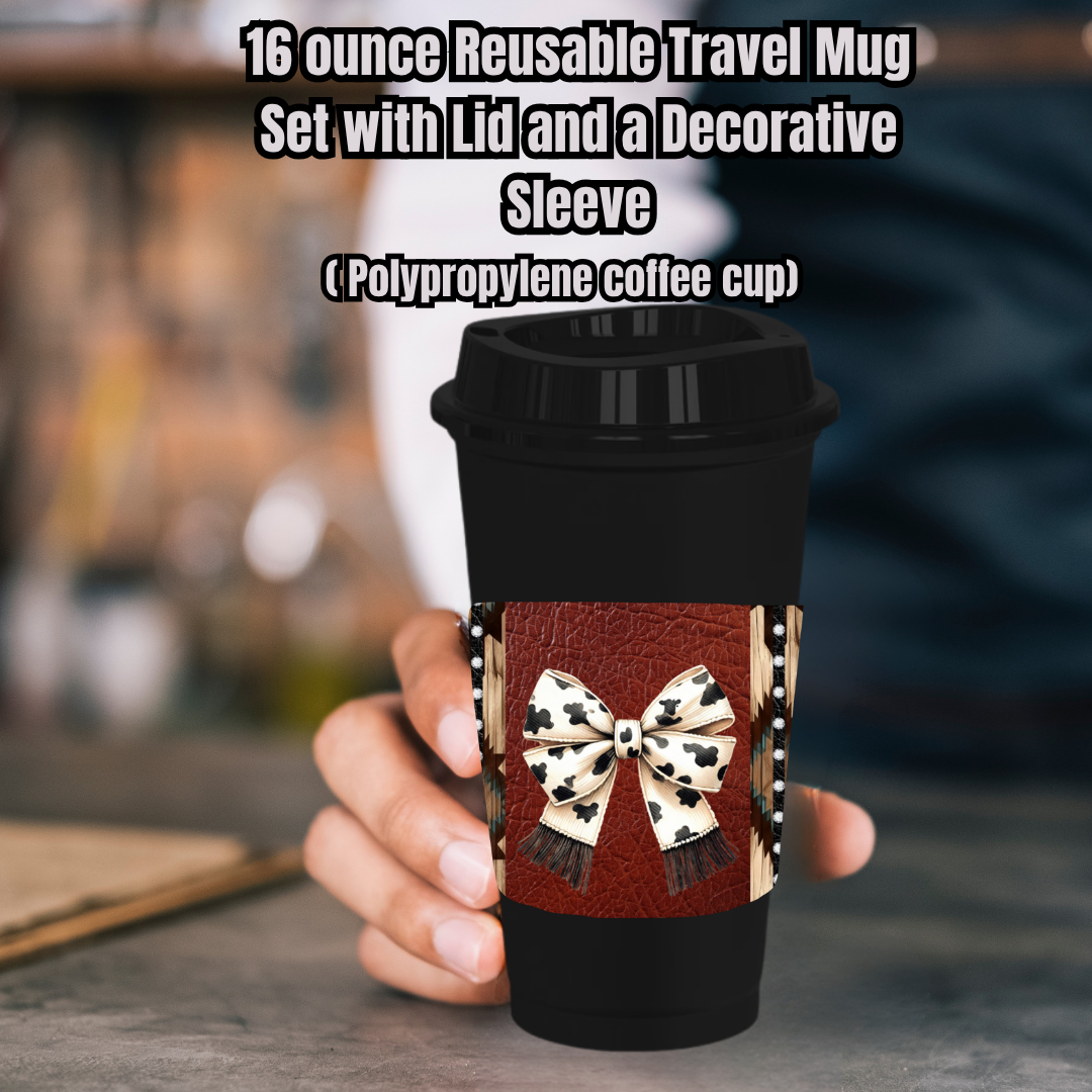 Western Bow Collection – 16oz Reusable Travel Mug Set (White or Black) — Cup, Lid + Decorative Sleeve