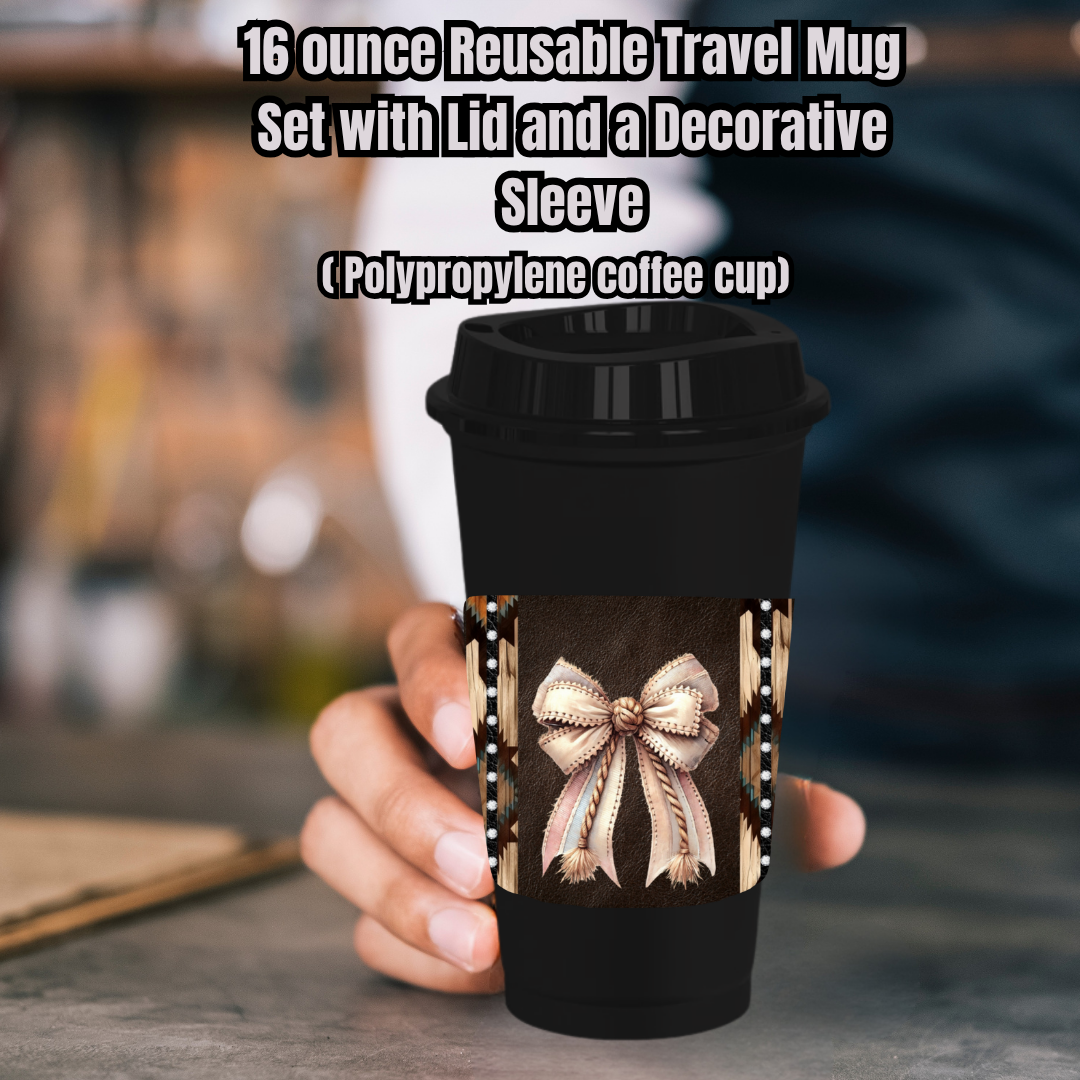Western Bow Collection – 16oz Reusable Travel Mug Set (White or Black) — Cup, Lid + Decorative Sleeve