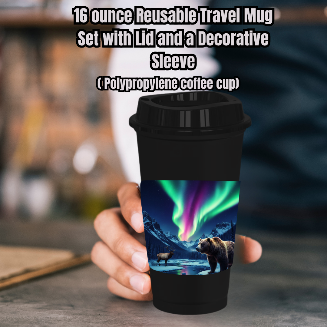 Aurora Valley 16oz Reusable Travel Mug Set (White or Black) — Cup, Lid + Decorative Sleeve