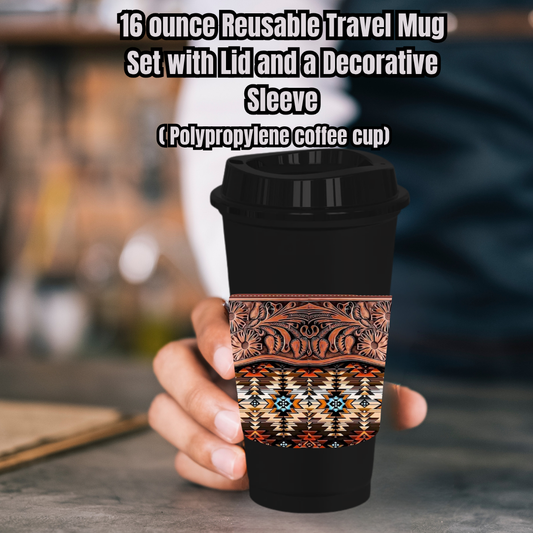 Tooled Leather Aztec 16oz Reusable Travel Mug Set (White or Black) — with Decorative Sleeve