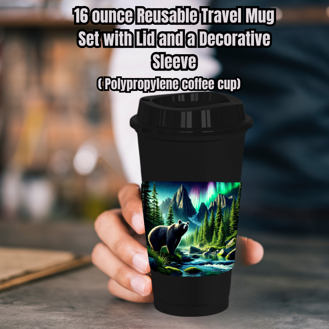 Aurora Wilderness 16oz Reusable Travel Mug Set (White or Black) — with Decorative Sleeve