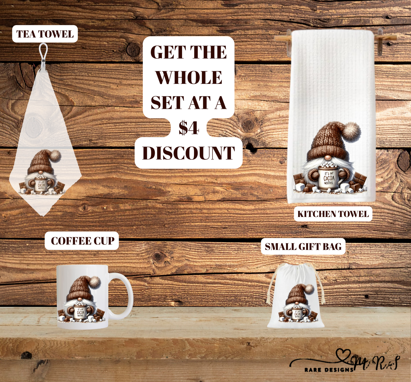 Cozy Cocoa Gnome Matching Gift Set — Mug + Kitchen Towel + Tea Towel + 4×6 Gift Bag (Save $4 on the whole set!)