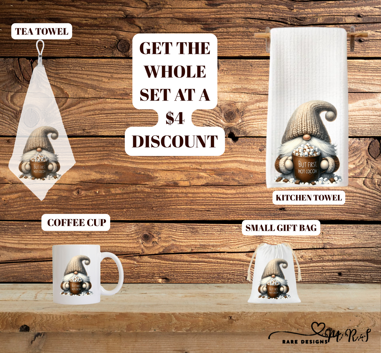 Cozy Cocoa Gnome Matching Gift Set — Mug + Kitchen Towel + Tea Towel + 4×6 Gift Bag (Save $4 on the whole set!)
