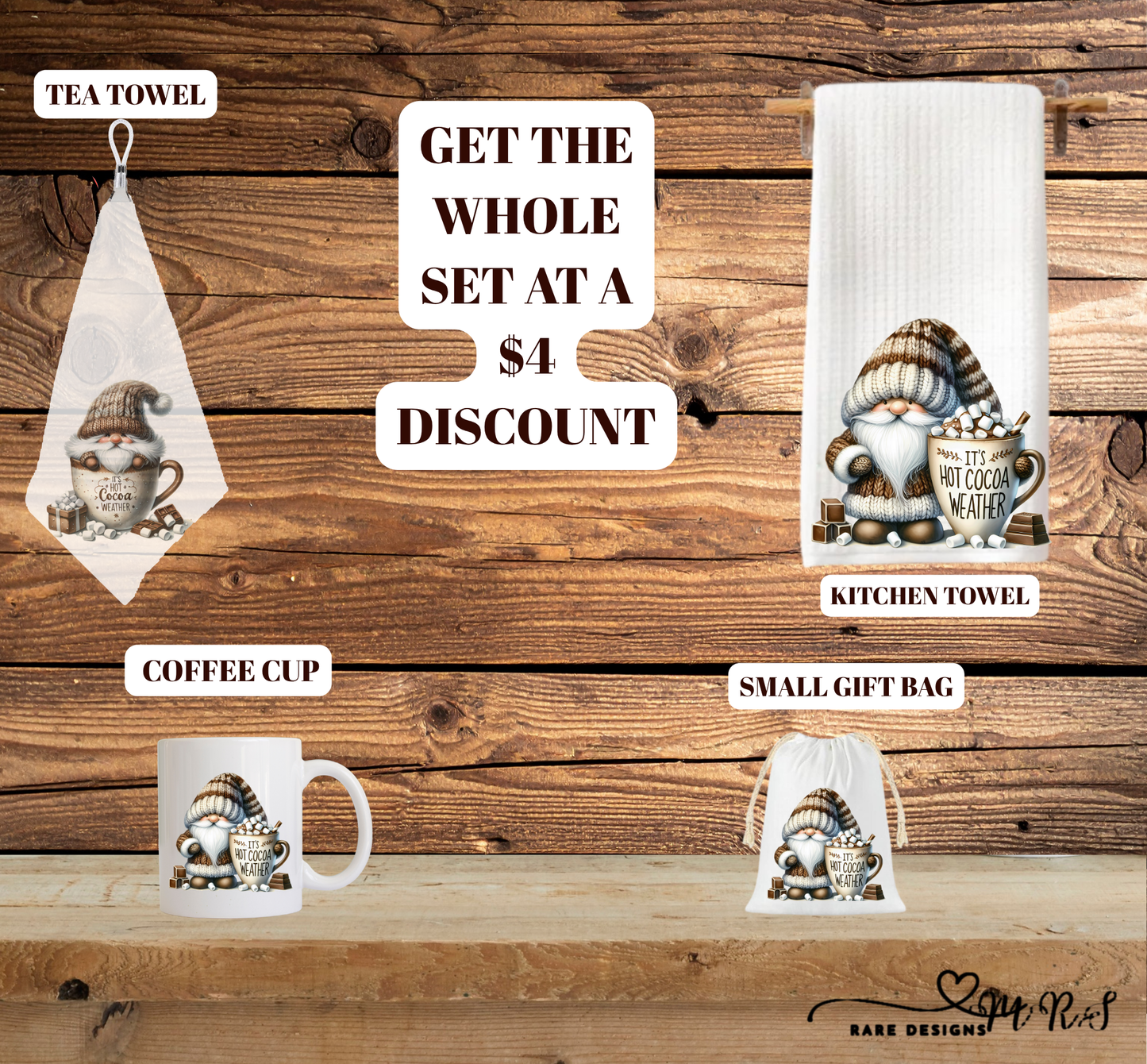 Cozy Cocoa Gnome Matching Gift Set — Mug + Kitchen Towel + Tea Towel + 4×6 Gift Bag (Save $4 on the whole set!)