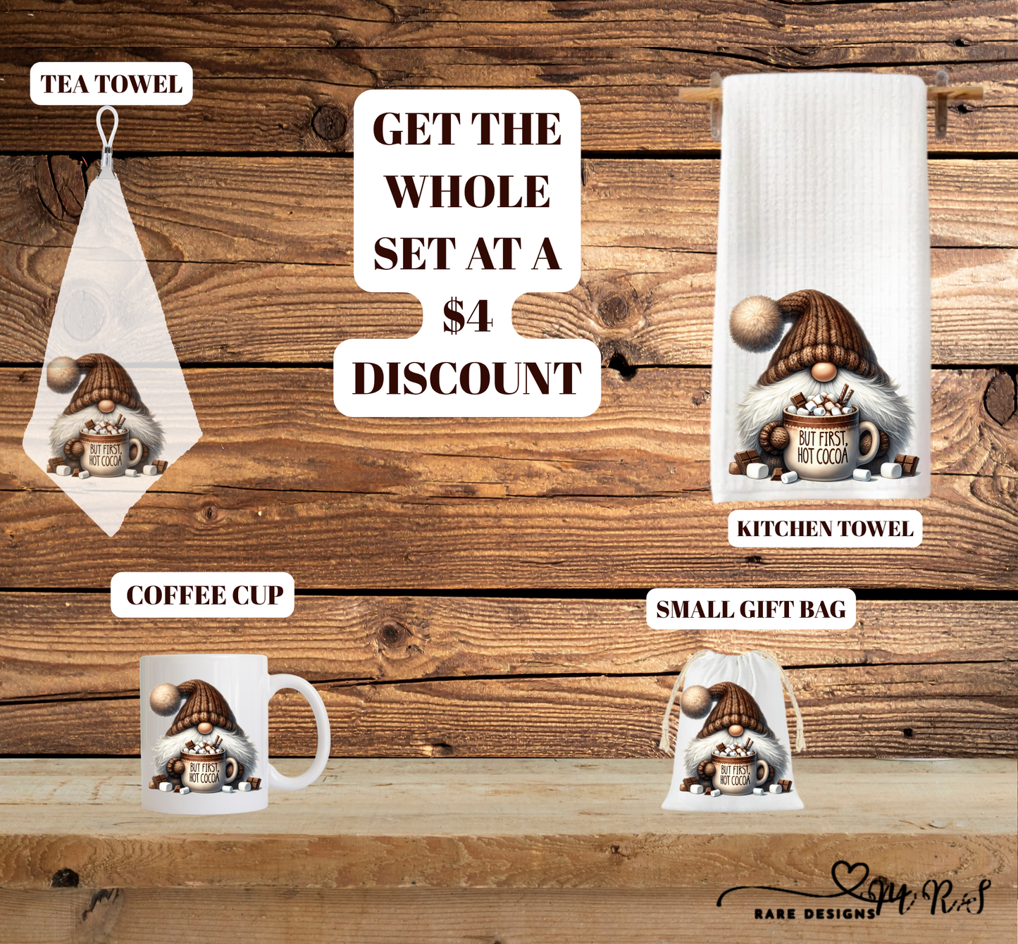 Cozy Cocoa Gnome Matching Gift Set — Mug + Kitchen Towel + Tea Towel + 4×6 Gift Bag (Save $4 on the whole set!)