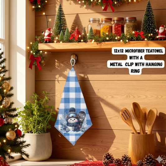 Blue Buffalo Plaid Christmas Snowman Teatowels – 12x12 Microfiber with Metal Hanging Clip