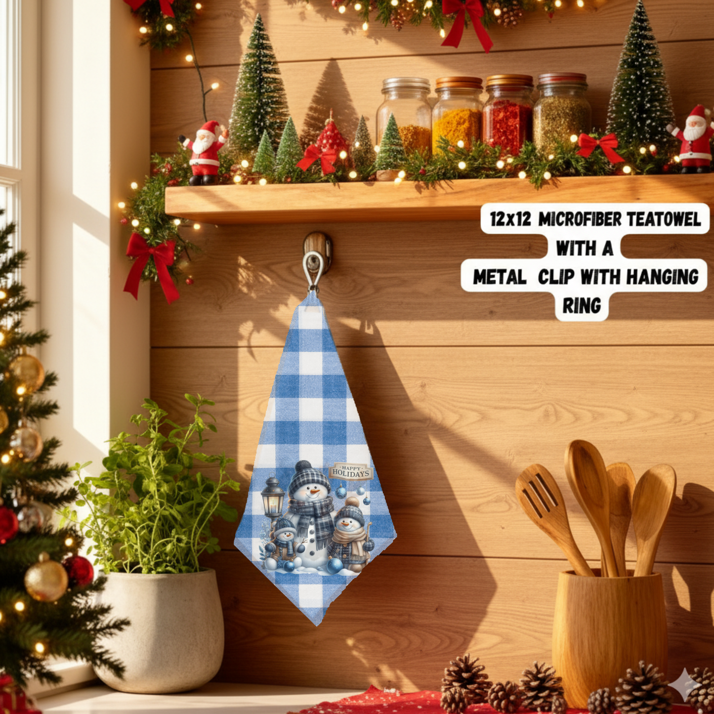Blue Buffalo Plaid Christmas Snowman Teatowels – 12x12 Microfiber with Metal Hanging Clip