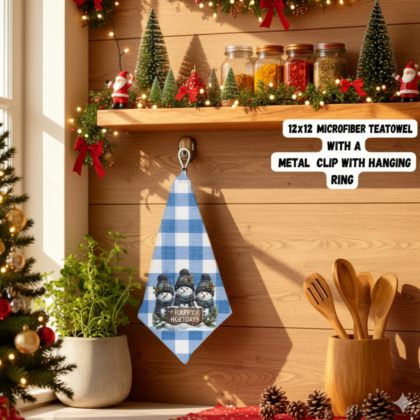 Blue Buffalo Plaid Christmas Snowman Teatowels – 12x12 Microfiber with Metal Hanging Clip