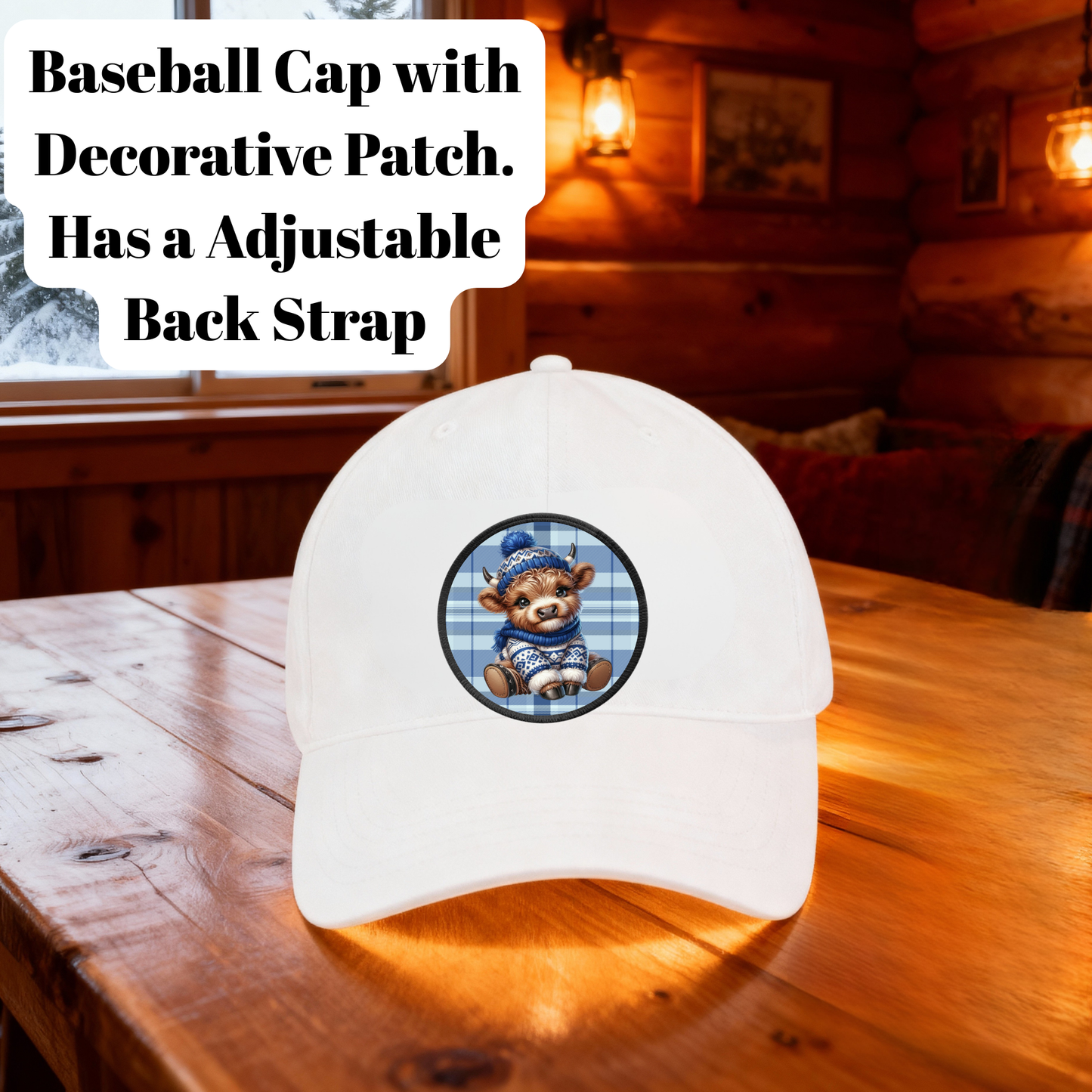 Highland Cow Cozy Plaid Patch Baseball Cap – Adjustable White Unisex Hat