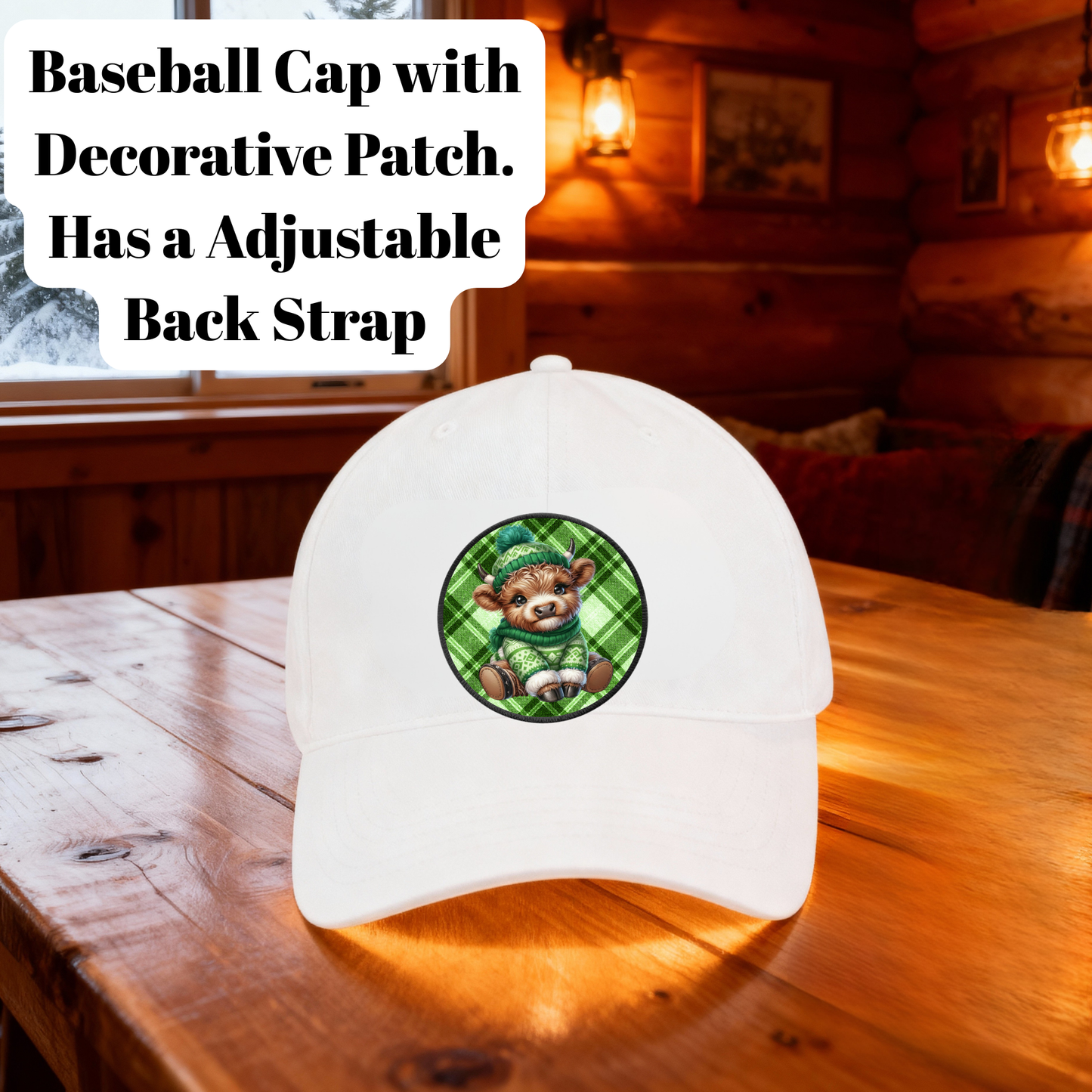 Highland Cow Cozy Plaid Patch Baseball Cap – Adjustable White Unisex Hat