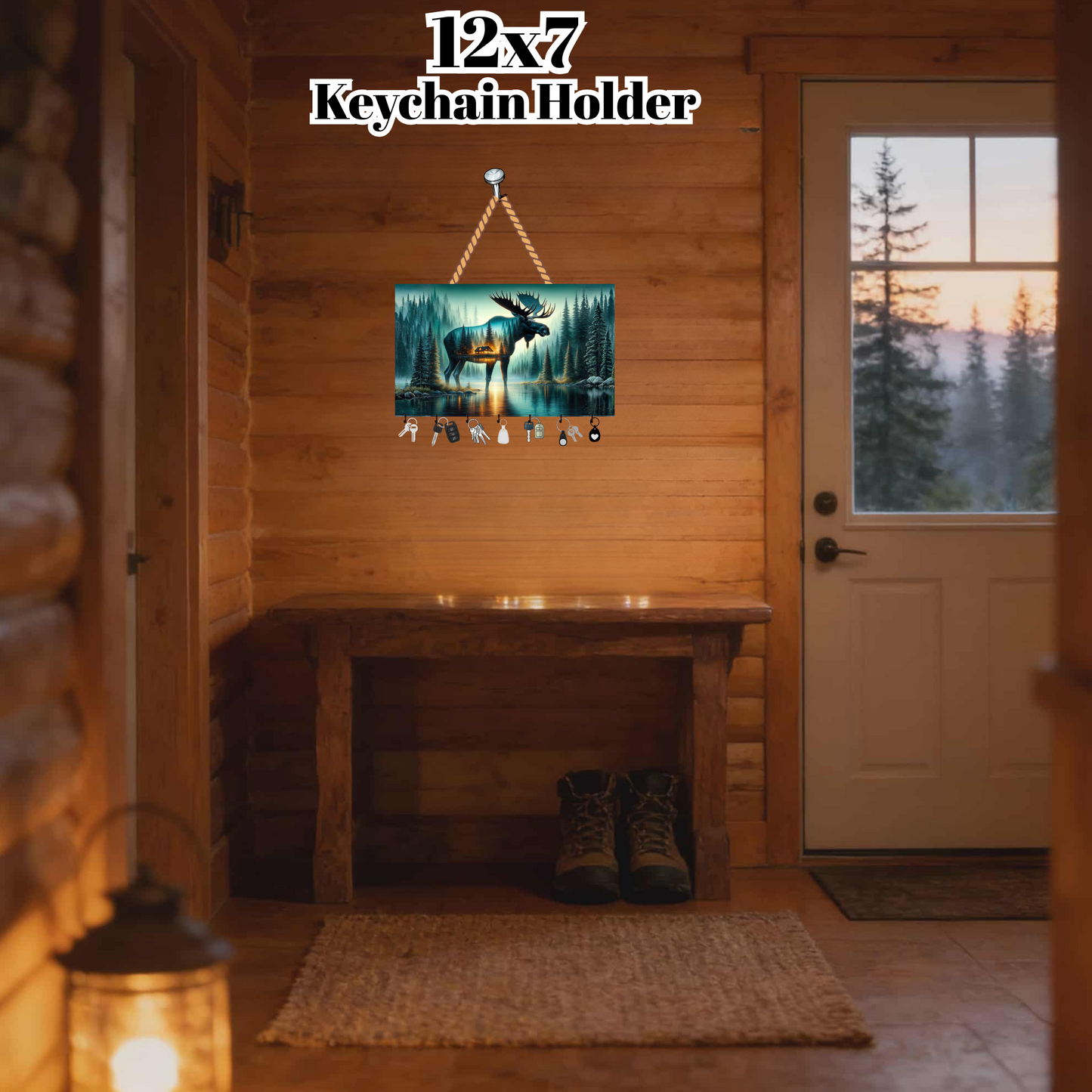Rustic Moose Forest 12x7 Wooden Keychain Holder – Wall Mounted Organizer with Hooks and Rope Hanger