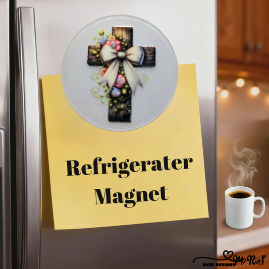 White Ribbon Cross Refrigerator Magnet – Rustic Floral Christian Faith Décor