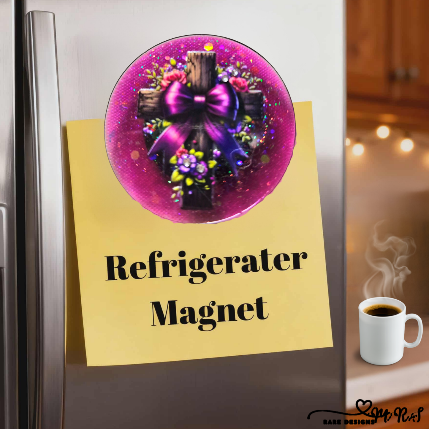 Purple Ribbon Cross Refrigerator Magnet – Rustic Floral Christian Décor