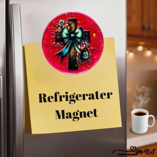 Turquoise Ribbon Cross Refrigerator Magnet – Rustic Floral Christian Décor