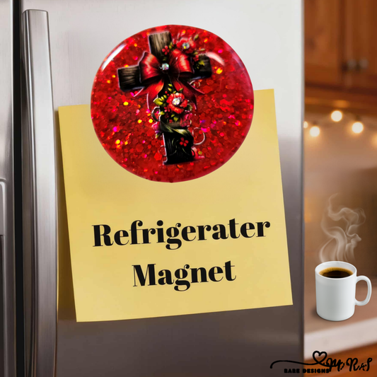 Red Floral Cross Refrigerator Magnet – Rustic Christian Faith Décor