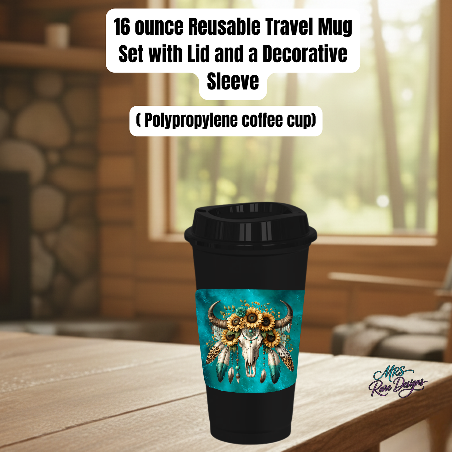 Boho Sunflower Skull 16oz Reusable Travel Mug Set – Eco-Friendly Polypropylene Coffee Cup with Lid & Decorative Sleeve