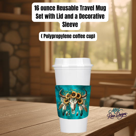Boho Sunflower Skull 16oz Reusable Travel Mug Set – Eco-Friendly Polypropylene Coffee Cup with Lid & Decorative Sleeve