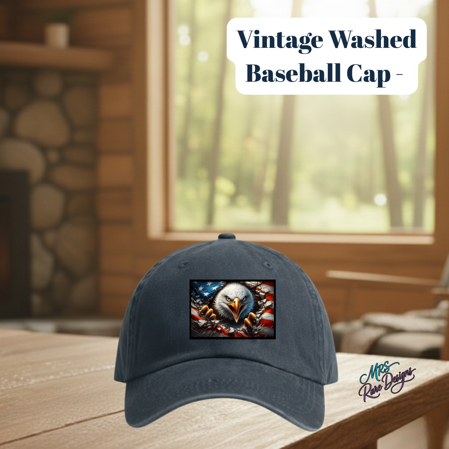 Vintage Washed Patriotic Eagle Baseball Cap – 80% Polyester, 20% Cotton with Sublimated Patch (3 Shape Options)