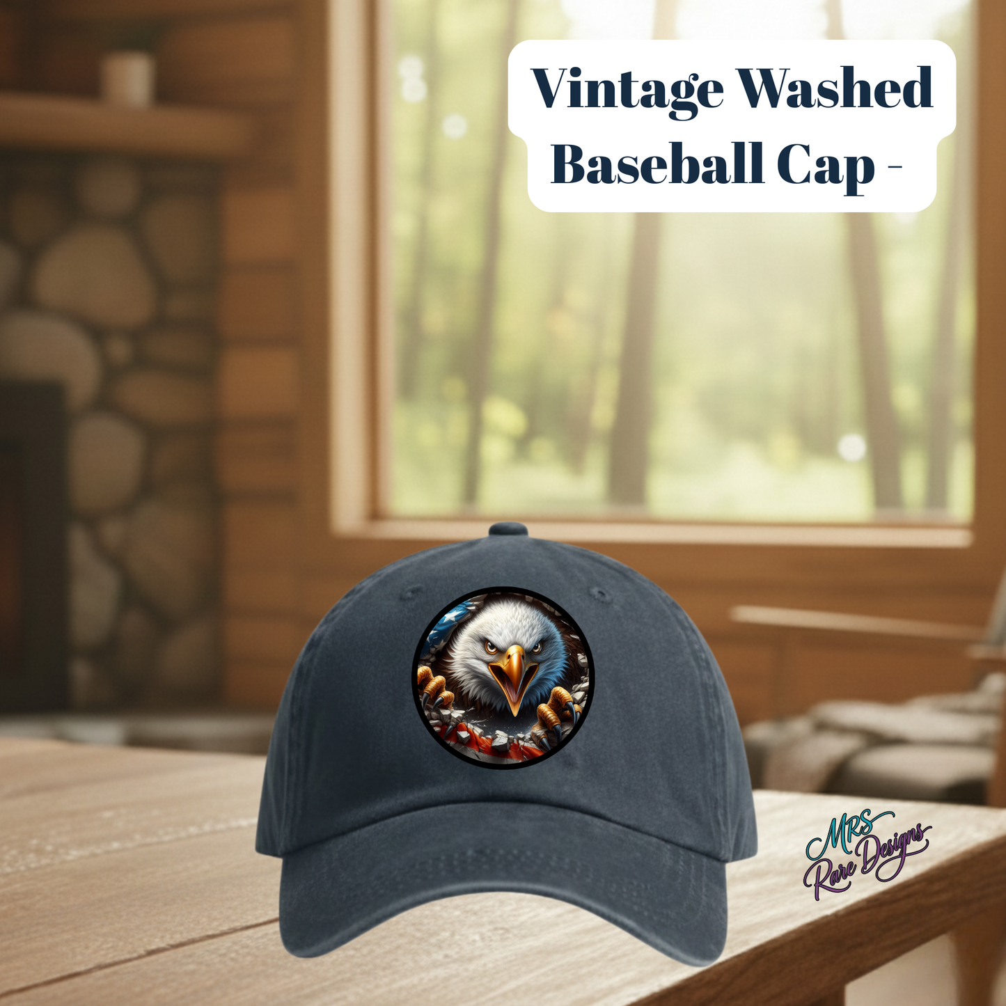Vintage Washed Patriotic Eagle Baseball Cap – 80% Polyester, 20% Cotton with Sublimated Patch (3 Shape Options)