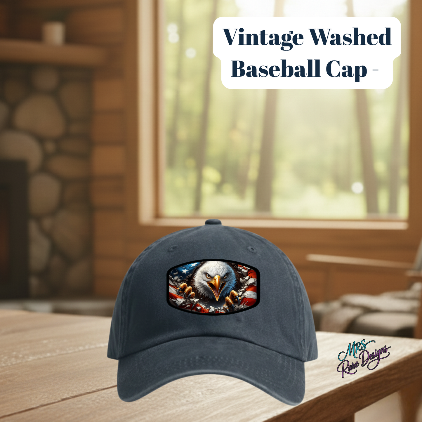 Vintage Washed Patriotic Eagle Baseball Cap – 80% Polyester, 20% Cotton with Sublimated Patch (3 Shape Options)