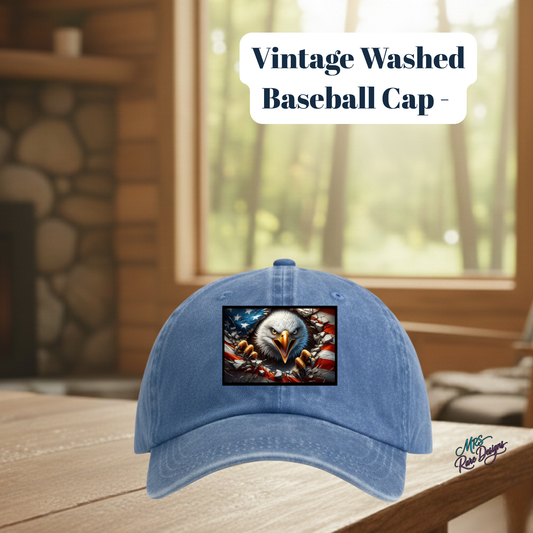 Vintage Patriotic Eagle Baseball Cap – 80% Polyester, 20% Cotton with Sublimated Patch (3 Styles)