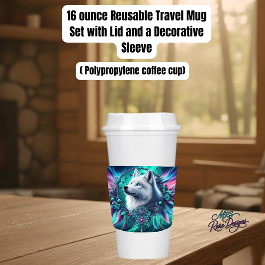 Arctic Wolf Dreamcatcher 16oz Reusable Travel Mug with Lid & Decorative Sleeve (Polypropylene Coffee Cup)