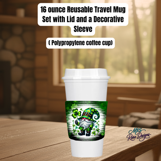 Lucky Shamrock Gnome 16oz Reusable Travel Mug Set — Irish St. Patrick’s Day Polypropylene Coffee Cup with Decorative Sleeve & Lid
