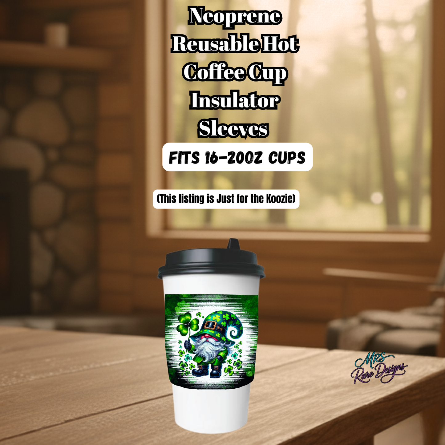 Lucky Irish Gnome Neoprene Coffee Sleeve — St. Patrick’s Day Shamrock Reusable Hot Cup Koozie (16–20oz Fit)