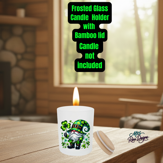 Lucky Gnome Frosted Glass Candle Holder with Bamboo Lid – St. Patrick’s Day Decor (Candle Not Included)