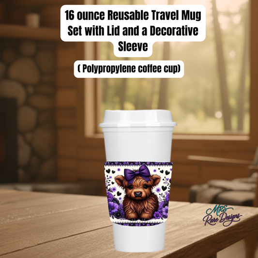 Highland Cow 16oz Reusable Travel Mug Collection – Rustic Farmhouse Coffee Cup with Lid & Decorative Sleeve