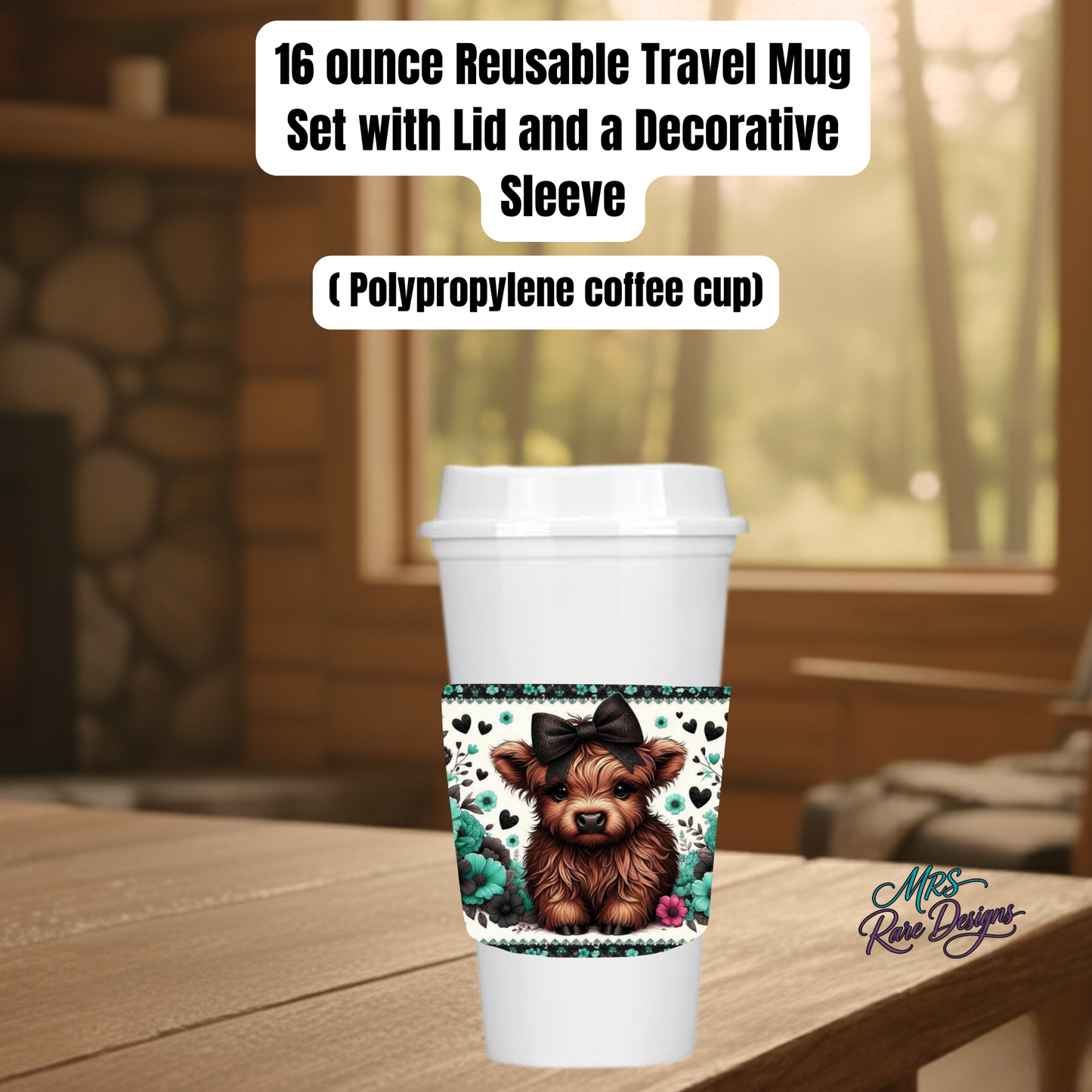 Highland Cow 16oz Reusable Travel Mug Collection – Rustic Farmhouse Coffee Cup with Lid & Decorative Sleeve