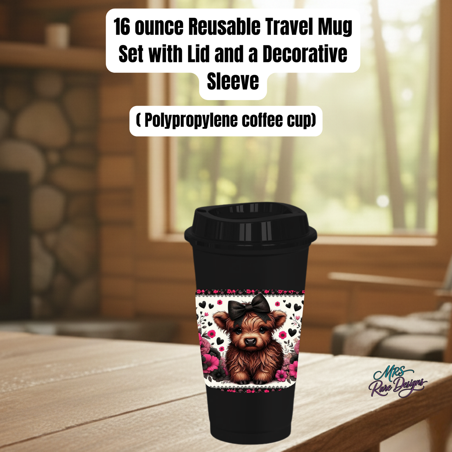 Highland Cow 16oz Reusable Travel Mug Collection – Rustic Farmhouse Coffee Cup with Lid & Decorative Sleeve