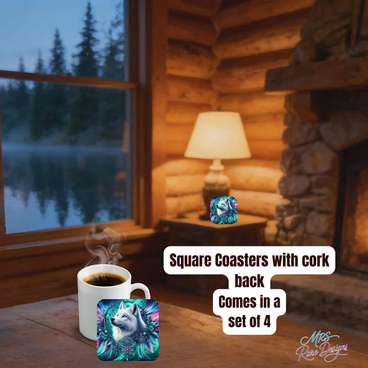 Mystic Wolf Square Coaster Set of 4 – Boho Aurora Art with Cork Back by MRS Rare Designs