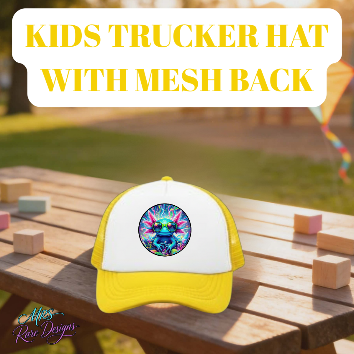 Kids axolotl trucker hat with mesh back. Breathable, adjustable, and colorful cap perfect for outdoor play and everyday wear.