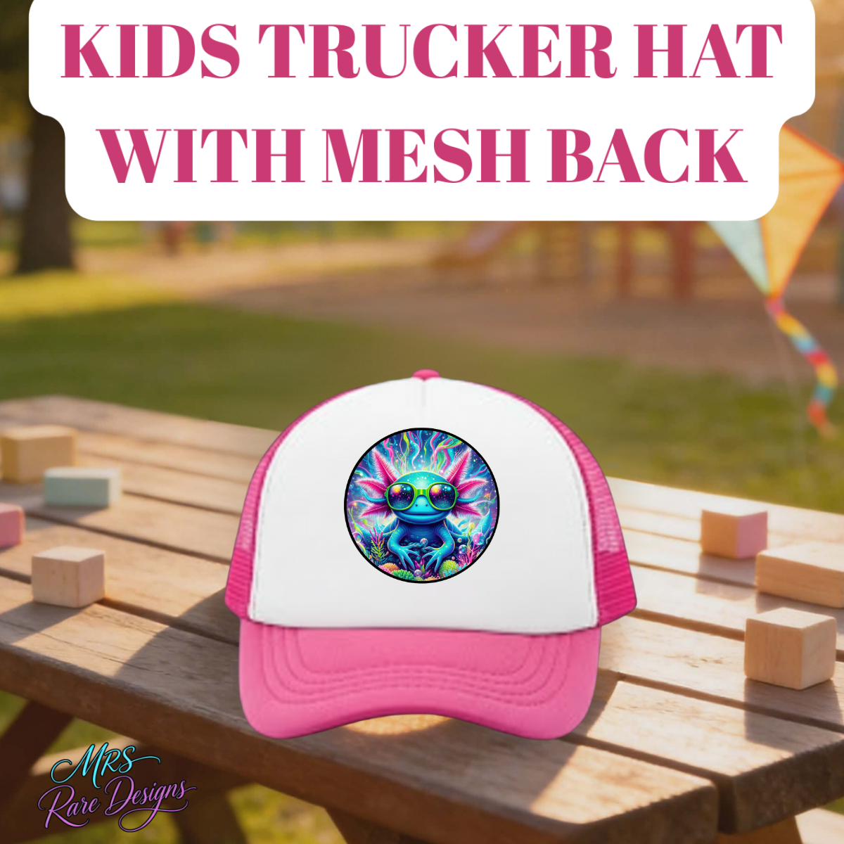 Kids axolotl trucker hat with mesh back. Breathable, adjustable, and colorful cap perfect for outdoor play and everyday wear.