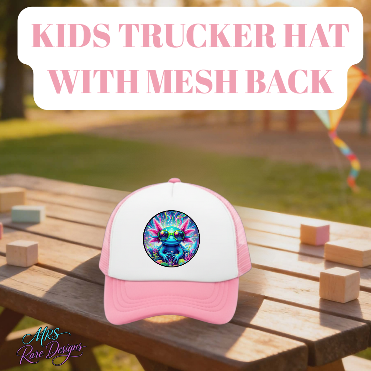Kids axolotl trucker hat with mesh back. Breathable, adjustable, and colorful cap perfect for outdoor play and everyday wear.