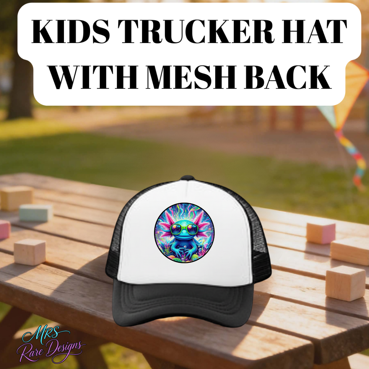 Kids axolotl trucker hat with mesh back. Breathable, adjustable, and colorful cap perfect for outdoor play and everyday wear.