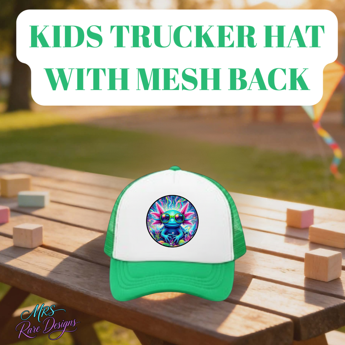Kids axolotl trucker hat with mesh back. Breathable, adjustable, and colorful cap perfect for outdoor play and everyday wear.