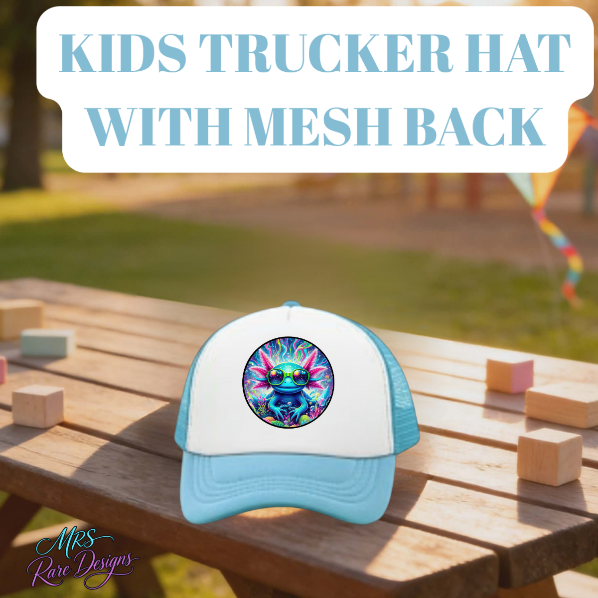 Kids axolotl trucker hat with mesh back. Breathable, adjustable, and colorful cap perfect for outdoor play and everyday wear.