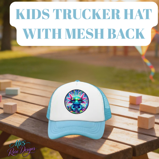 Kids axolotl trucker hat with mesh back. Breathable, adjustable, and colorful cap perfect for outdoor play and everyday wear.