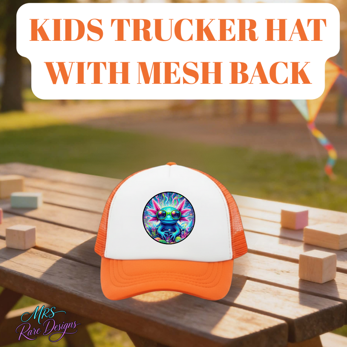 Kids axolotl trucker hat with mesh back. Breathable, adjustable, and colorful cap perfect for outdoor play and everyday wear.