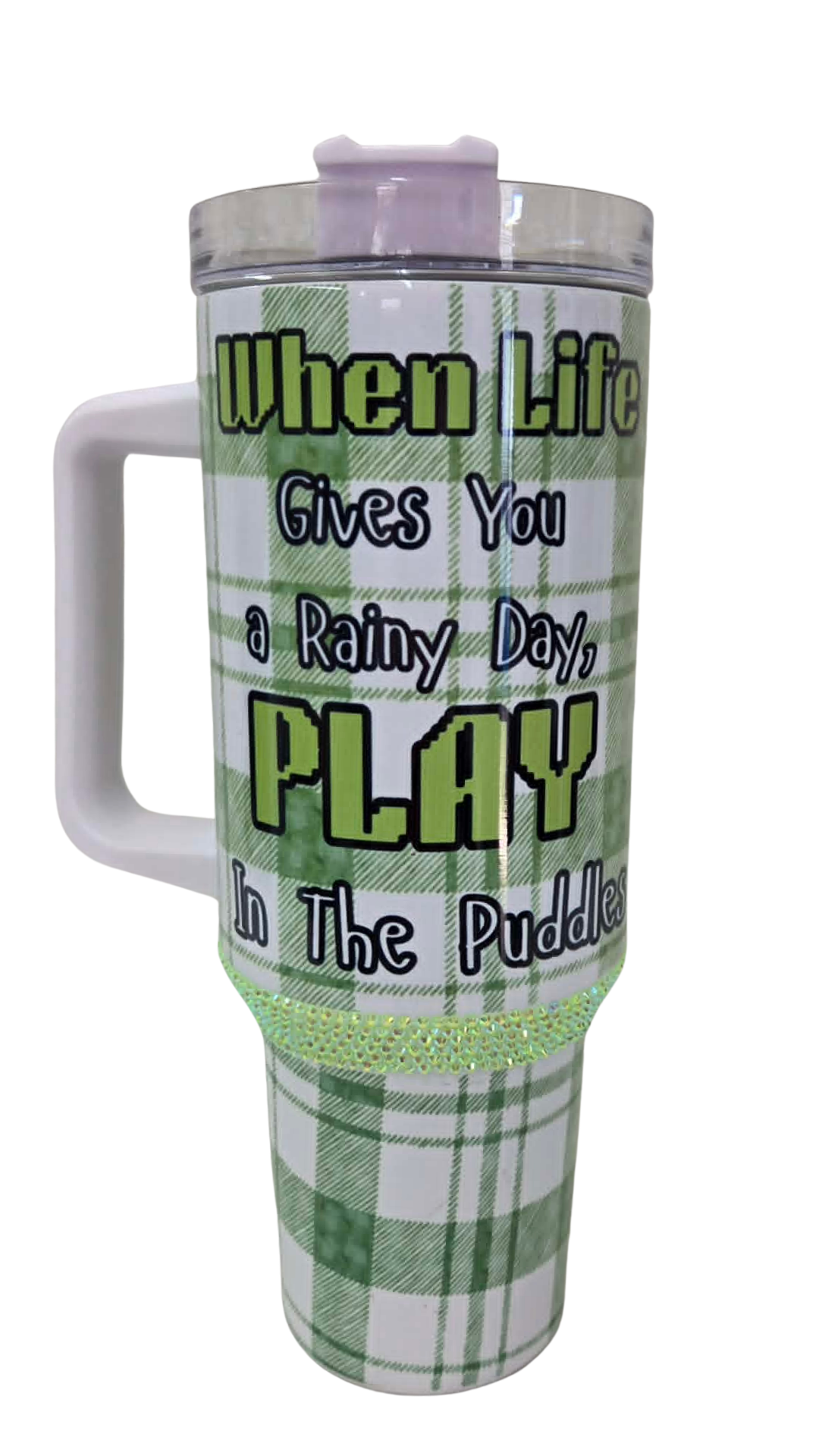Puddle Play 40oz Rhinestone Tumbler Green Plaid & Tulip Edition
