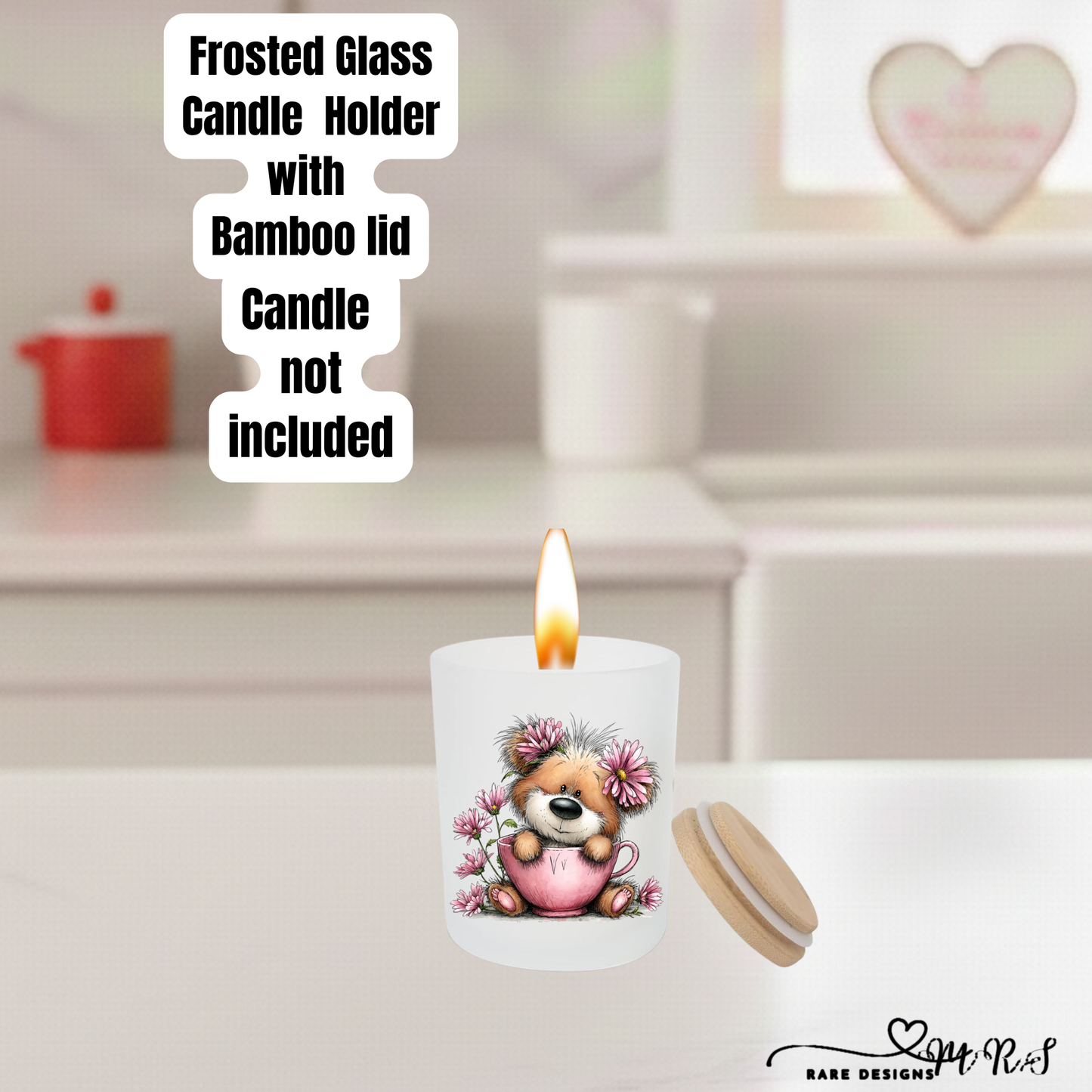Adorable Teddy Bear Frosted Glass Candle Holder with Bamboo Lid – Valentine’s Gift Home Décor Collection