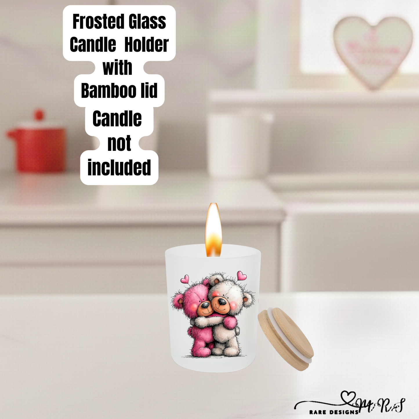 Adorable Teddy Bear Frosted Glass Candle Holder with Bamboo Lid – Valentine’s Gift Home Décor Collection
