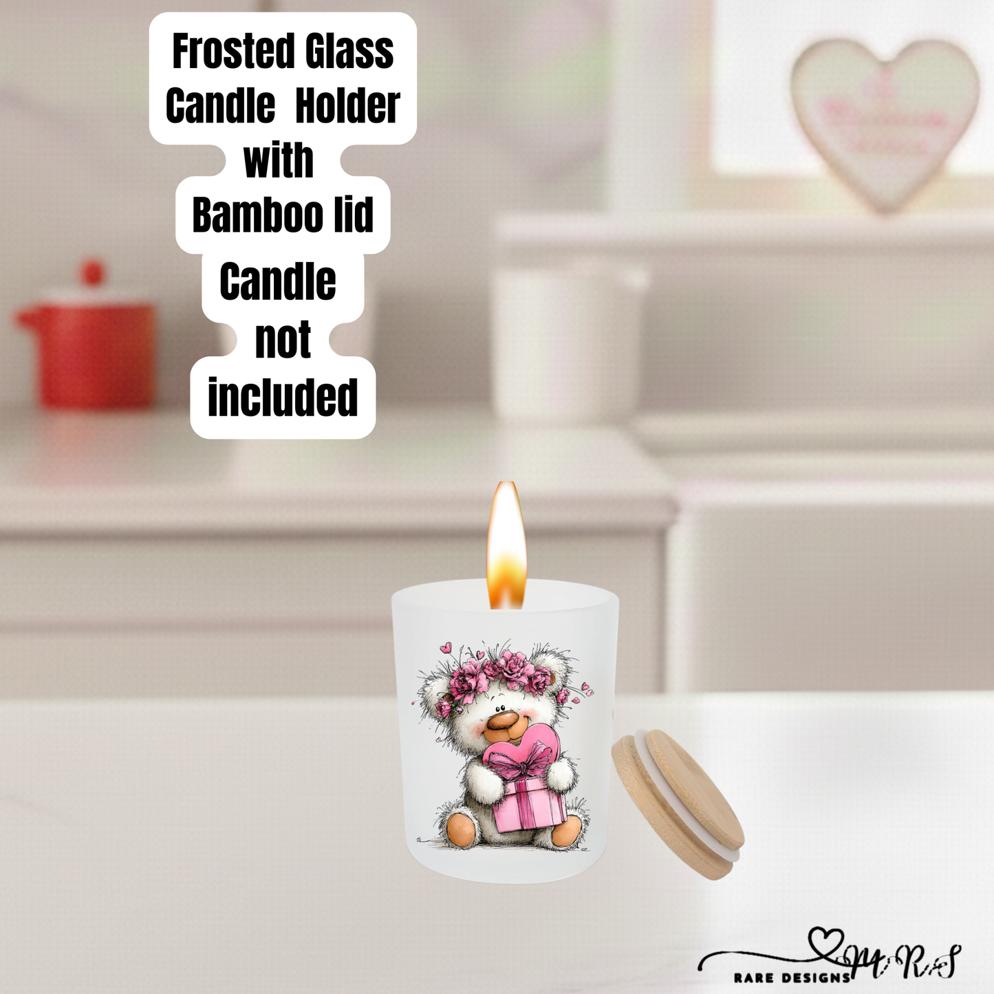 Adorable Teddy Bear Frosted Glass Candle Holder with Bamboo Lid – Valentine’s Gift Home Décor Collection